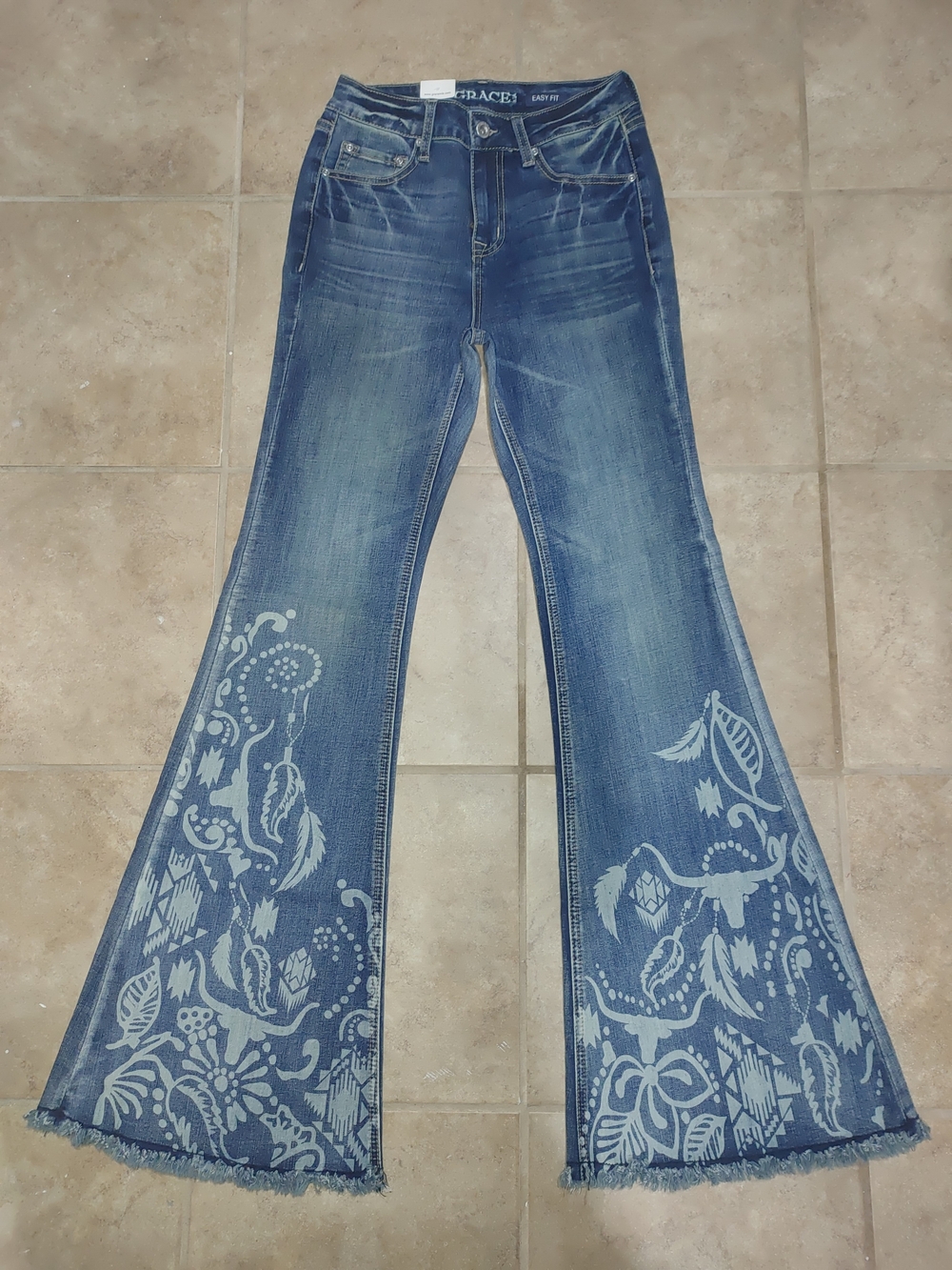 Grace in LA Blue Flare Jeans with White Western Floral Artwork